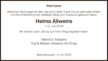 Todesanzeige von Helma Allweins von Hersfeld