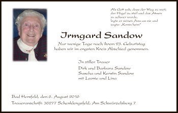 Todesanzeige von Irmgard Sandow von Hersfeld