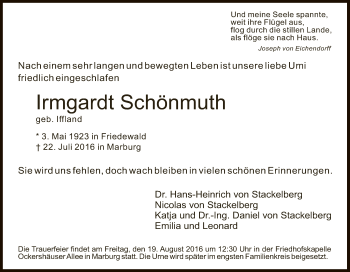 Todesanzeige von Irmgard Schönmuth von Hersfeld