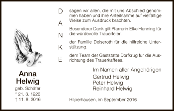 Todesanzeige von Anna Helwig von Hersfeld