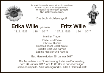 Todesanzeige von Erika und Fritz Wille von Hersfeld