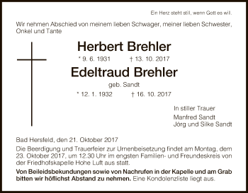 Todesanzeige von Herbert und Edeltraud Brehler von Hersfeld