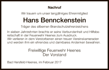 Todesanzeige von Hans Bennckenstein von Hersfeld