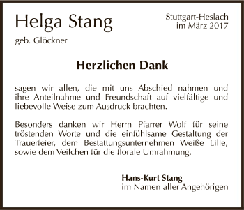 Todesanzeige von Helga Stang von Hersfeld