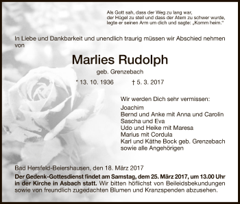 Todesanzeige von Marlies Rudolph von Hersfeld