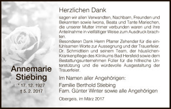 Todesanzeige von Annemarie Stiebing von Hersfeld