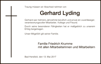 Todesanzeige von Gerhard Lyding von Hersfeld
