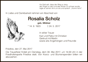 Todesanzeige von Rosalia Scholz von Hersfeld