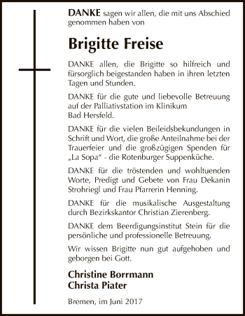 Todesanzeige von Brigitte Freise von Hersfeld