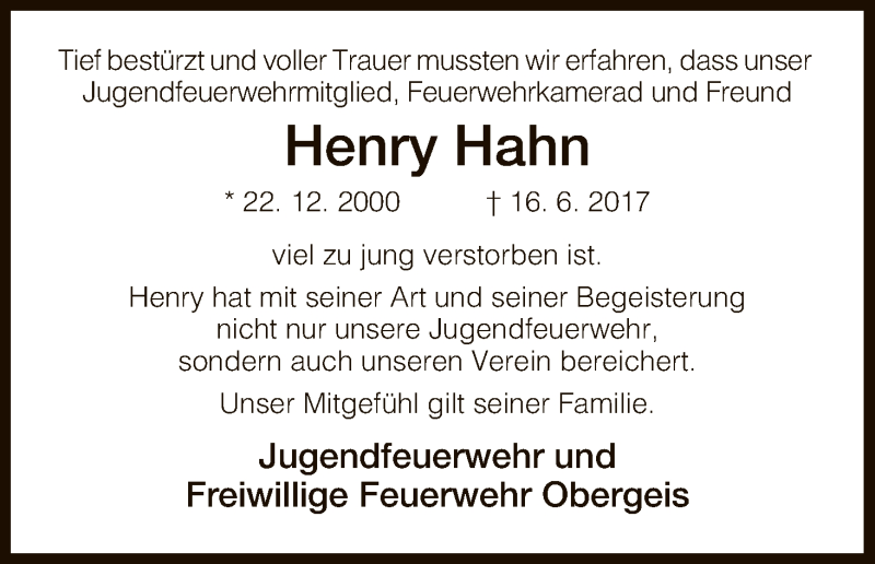 Traueranzeige für Henry Hahn vom 20.06.2017 aus Hersfeld