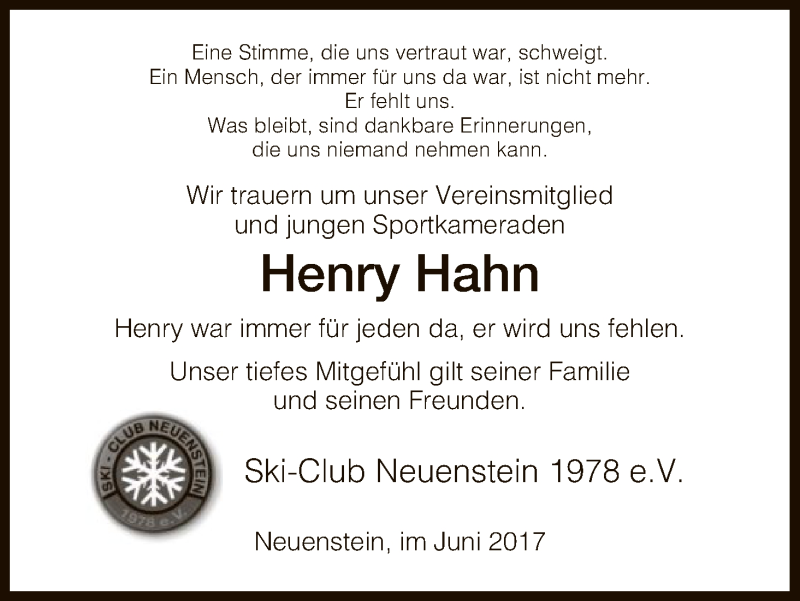  Traueranzeige für Henry Hahn vom 20.06.2017 aus Hersfeld