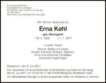 Todesanzeige von Erna Kehl von Hersfeld