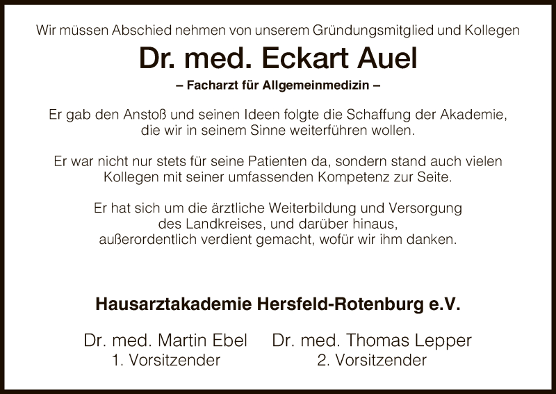  Traueranzeige für Eckart Auel vom 03.02.2018 aus Hersfeld