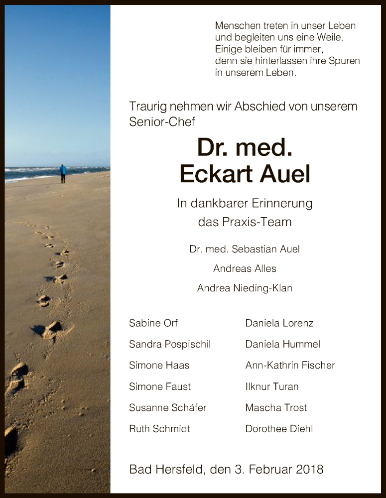  Traueranzeige für Eckart Auel vom 03.02.2018 aus Hersfeld