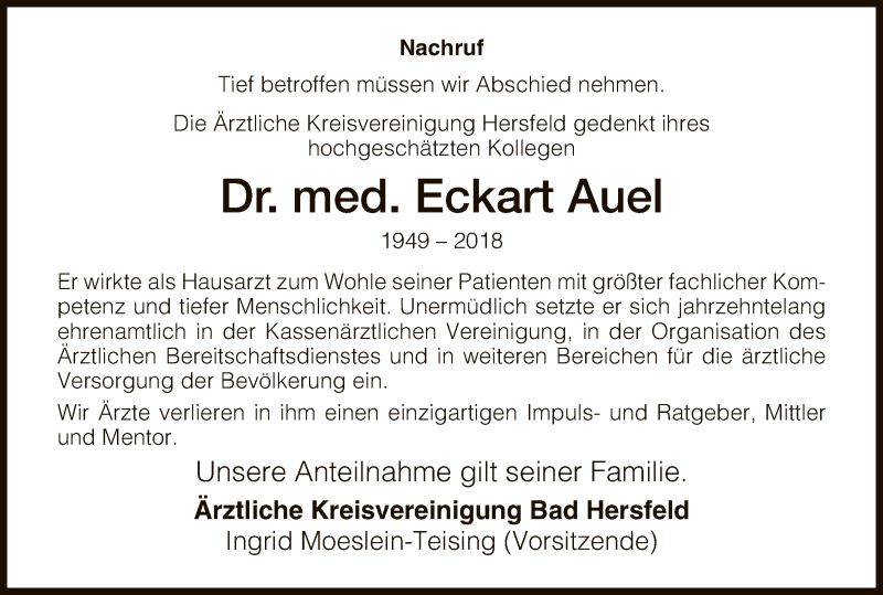  Traueranzeige für Eckart Auel vom 03.02.2018 aus Hersfeld