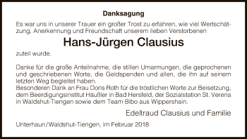 Todesanzeige von Hans-Jürgen Clausius von Hersfeld