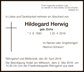 Todesanzeige von Hildegard Herwig von Hersfeld