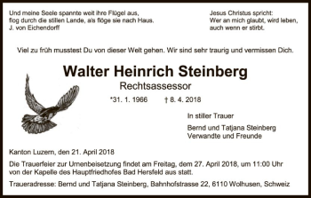 Todesanzeige von Walter Heinrich Steinberg von Hersfeld