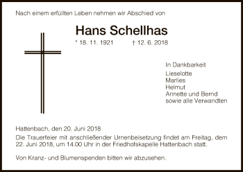 Todesanzeige von Hans Schellhas von Hersfeld