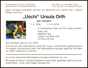 Todesanzeige von Ursula Orth von Hersfeld