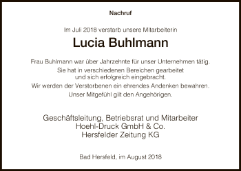 Todesanzeige von Lucia Buhlmann von Hersfeld