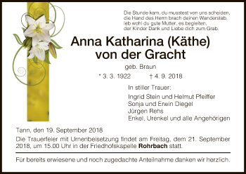 Todesanzeige von Anna Katharina von der Gracht von Hersfeld