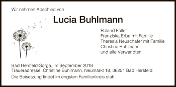 Todesanzeige von Lucia Buhlmann von Hersfeld