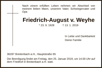 Todesanzeige von Friedrich-August v. Weyhe von Hersfeld