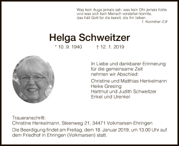 Todesanzeige von Helga Schweitzer von Hersfeld