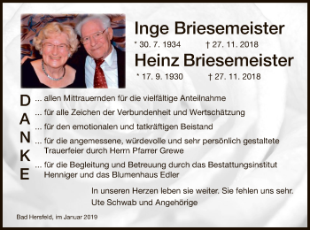 Todesanzeige von Inge und Heinz Briesemeister von Hersfeld