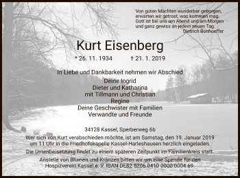 Todesanzeige von Kurt Eisenberg von Hersfeld