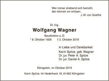 Todesanzeige von Wolfgang Wagner von Hersfeld