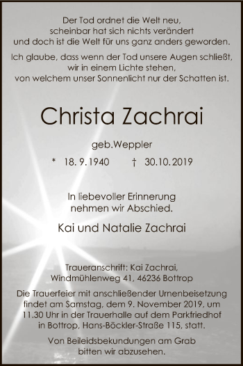 Todesanzeige von Christa Zachrai von Hersfeld