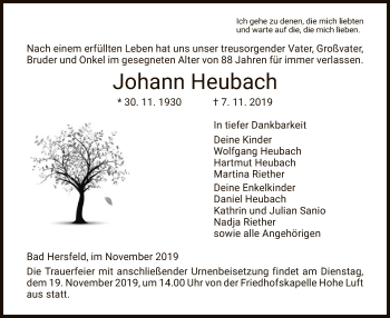 Todesanzeige von Johann Heubach von Hersfeld