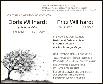 Todesanzeige von Doris und Fritz Willhardt von Hersfeld