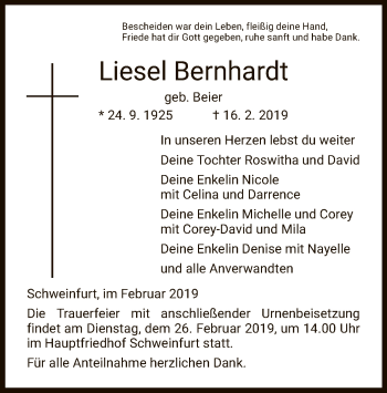 Todesanzeige von Liesel Bernhardt von Hersfeld