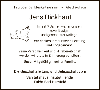 Todesanzeige von Jens Dickhaut von Hersfeld