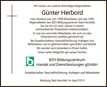 Todesanzeige von Günter Herbord von Hersfeld