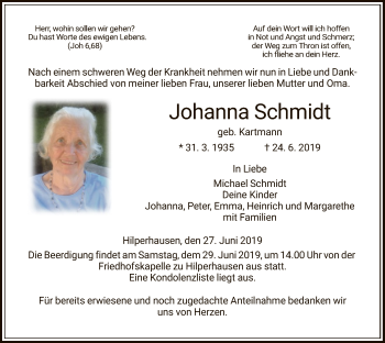Todesanzeige von Johanna Schmidt von Hersfeld