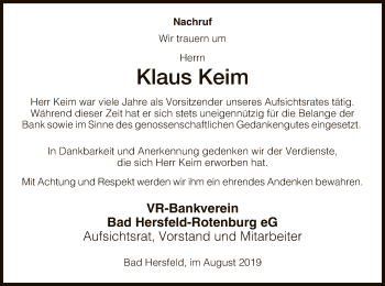 Todesanzeige von Klaus Keim von Hersfeld