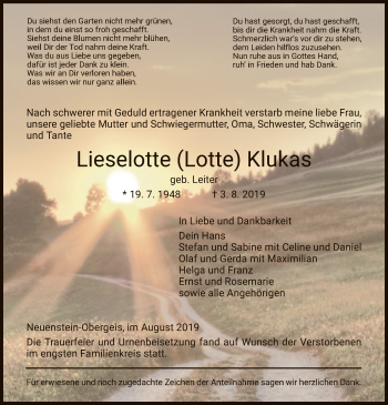 Todesanzeige von Lieselotte  Klukas von Hersfeld