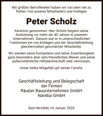 Todesanzeige von Peter Scholz von Hersfeld