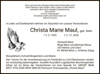 Todesanzeige von Christa Marie Maul von HZ