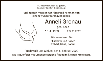 Todesanzeige von Anneli Gronau von Hersfeld
