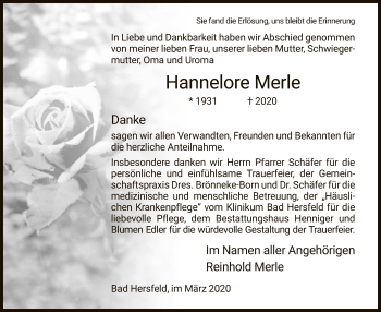 Todesanzeige von Hannelore Merle von Hersfeld