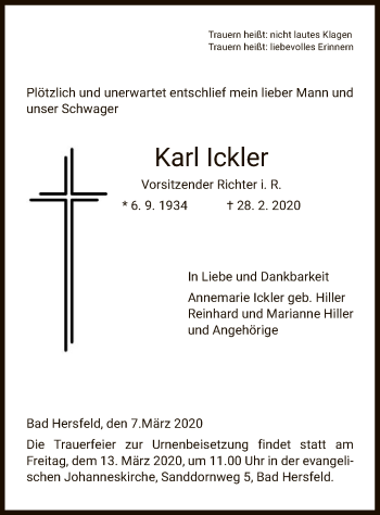 Todesanzeige von Karl Ickler von Hersfeld