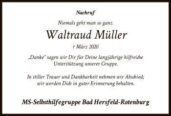 Todesanzeige von Waltraud Müller von Hersfelder Zeitung