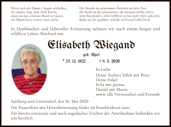 Todesanzeige von Elisabeth Wiegand von HZ