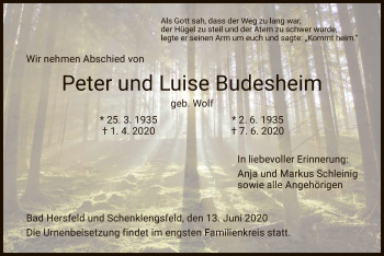 Todesanzeige von Peter und Luise Budesheim von HZ