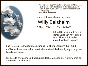 Todesanzeige von Willy Beisheim von HZ